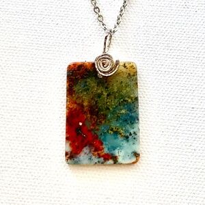 Natural Stone or Fossilized Plant Life Pendant w/ Stainless Steel Detail & Chain